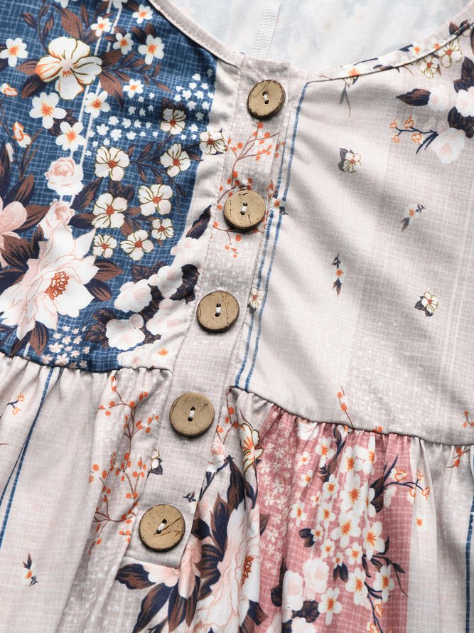 Henley Neck Floral Stripe Casual Midi Dress