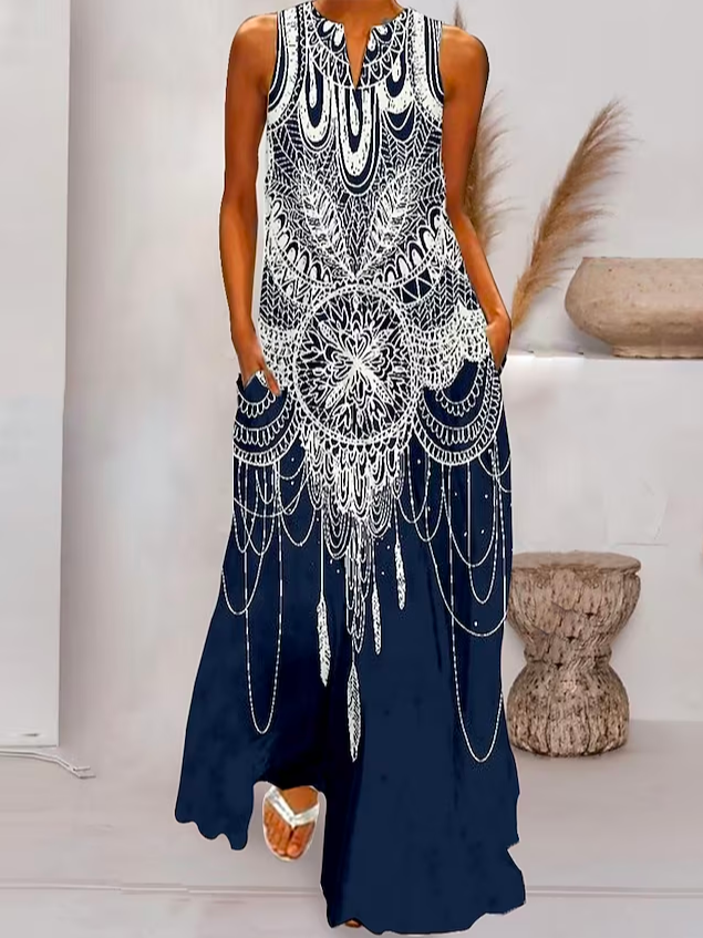 Loose V Neck Vacation Ethnic Dress