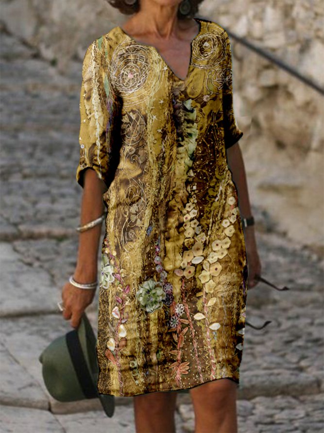 V Neck Floral Full Printed Geometric Casual Mini Dress