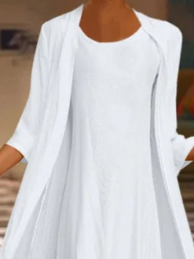 2PCS Round Neck Solid Casual Dress & Cardigan