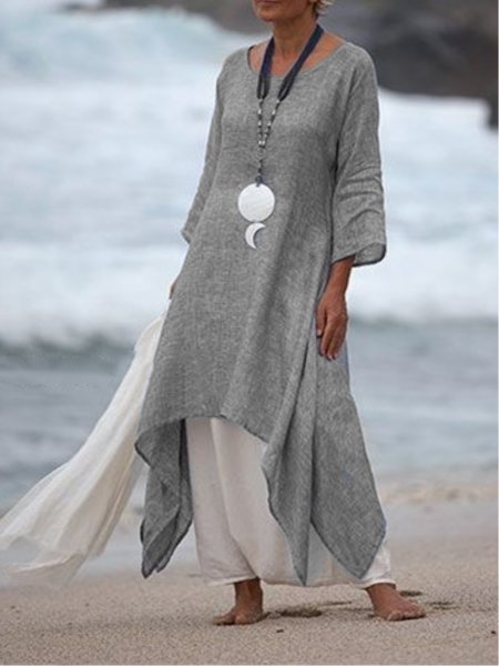 Women Summer Linen 3/4 Sleeve Daytime Crew Neck Asymmetric Dress