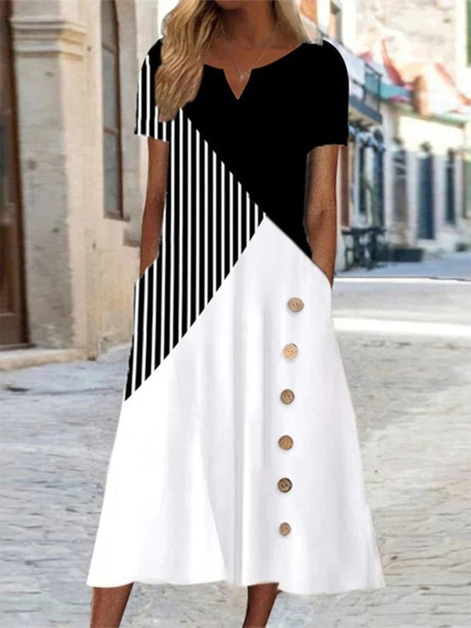 Women_s V-Neck Short Sleeve Graphic Striped Color Block Dress