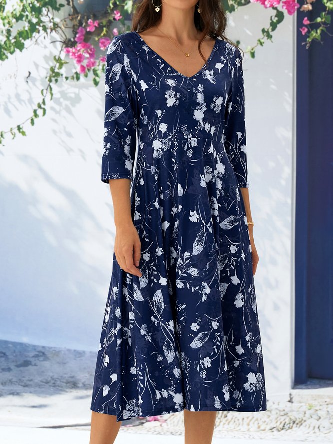 Elegant V Neck Floral Swing Dress