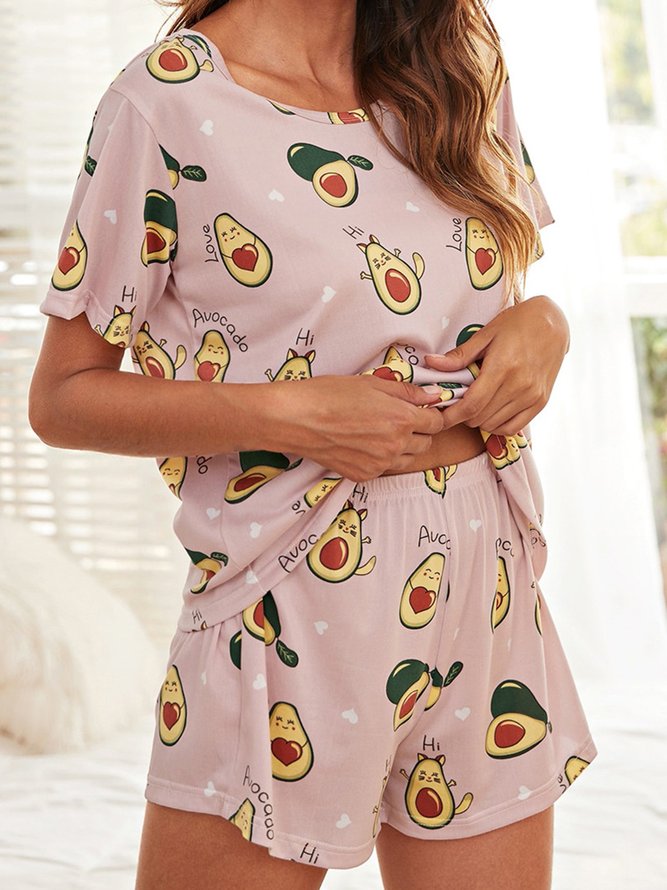 Cute Cartoon Avocado Short Sleeve Shorts Comfortable Casual Pajamas Set