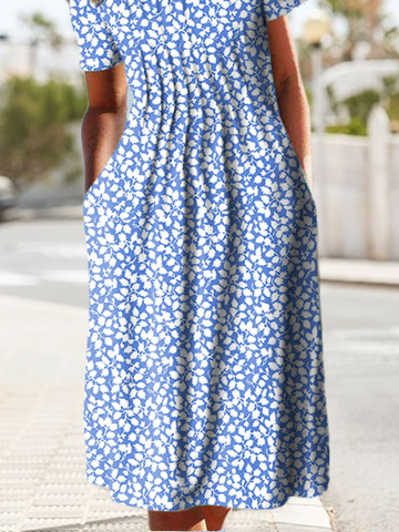 Round Neck Pockets Floral Casual Midi Prom Dress