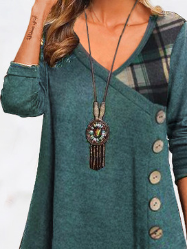 V Neck Geometric Casual Daily Long sleeve A-Line Buttoned Midi Dress