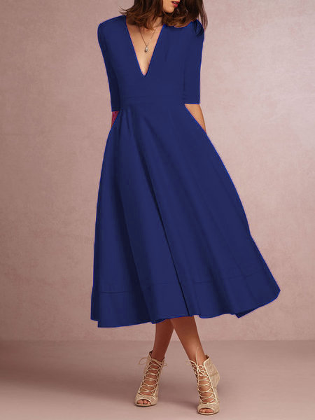 Women Deep V Neck 3/4 Sleeve Paneled Solid Elegant Swing Prom Dress