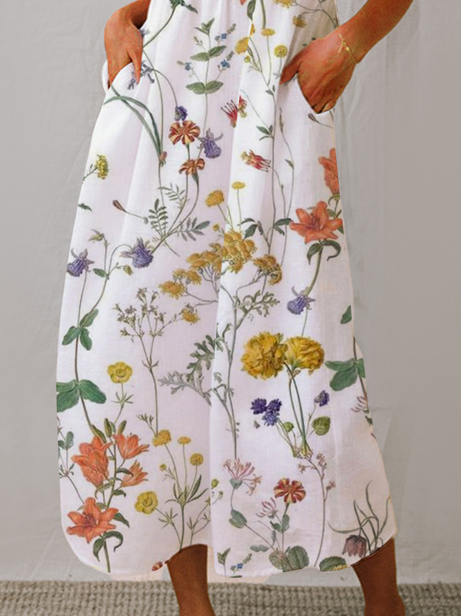 Casual Floral V Neck Loose Dress