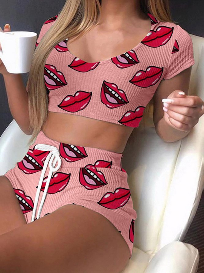 Mouth Crew Neck Regular Fit Regular Sleeve Casual Pajama Set