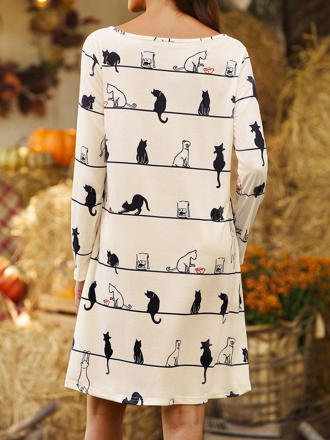 Cute Cat Long Sleeve Cotton-Blend Knitting Dress