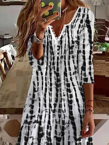 V Neck Geometric Casual Autumn Natural Daily A-Line Dress