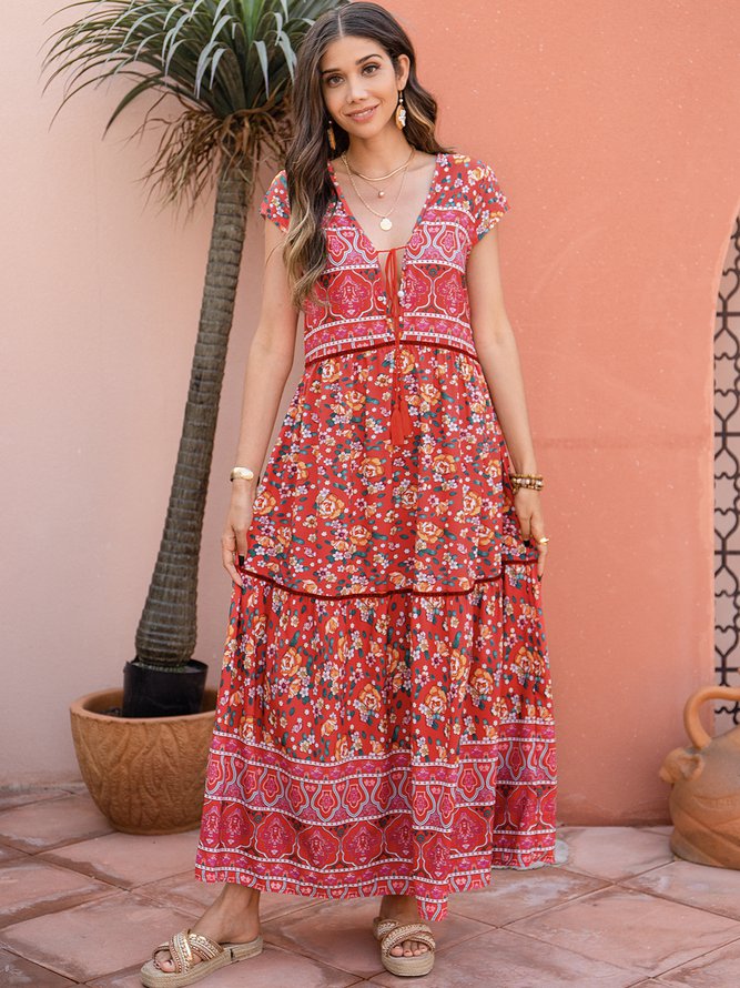 Ditsy Floral V Neck Boho Floral-Print Weaving Dress