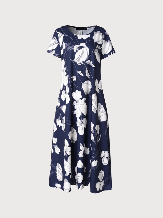 Round Neck Floral Casual Midi Dress