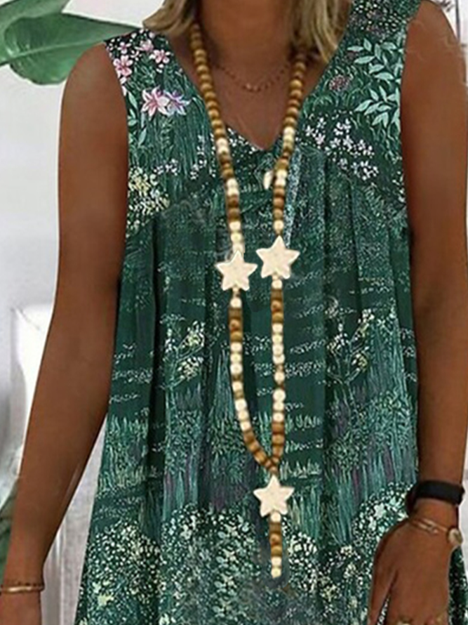 V Neck Floral Sleeveless Beach Casual Midi Dress