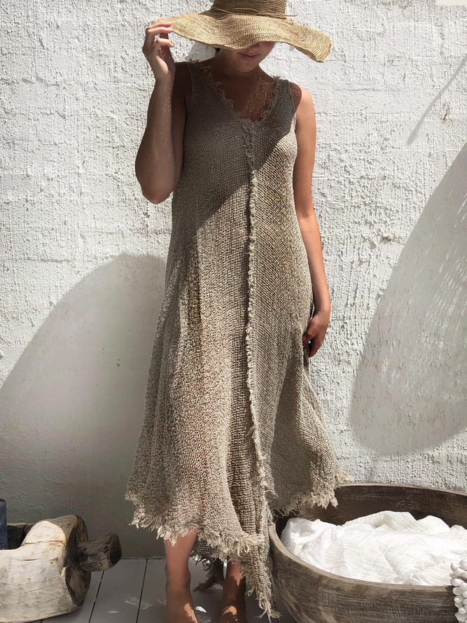 Cotton And Linen V Neck Sleeveless Dress