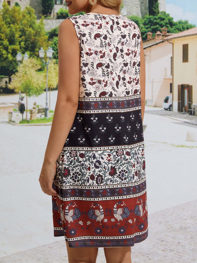 Women's A Line Dress V Neck Tribal Sleeveless Midi Dress
