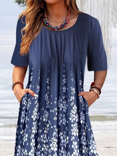 Loose Floral Crew Neck Casual Dress