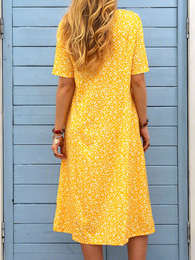 Ditsy Floral Printed Crew Neck Pockets Short Sleeve Casual Midi Shirt Dress