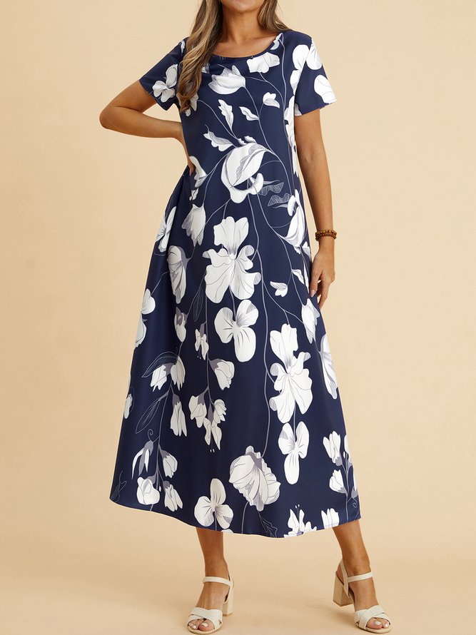 Cotton Blends Floral Loosen Short Sleeve Woven Dress