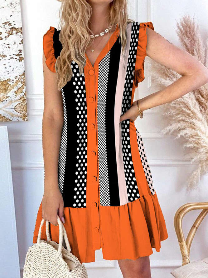 Casual Geometric Loose V Neck Dress With No Belt