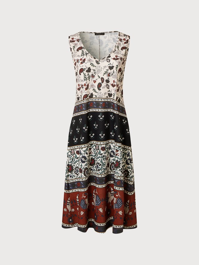 Women's A Line Dress V Neck Tribal Sleeveless Midi Dress