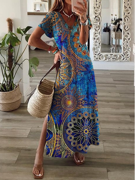 V Neck Tribal Vacation Maxi Dress