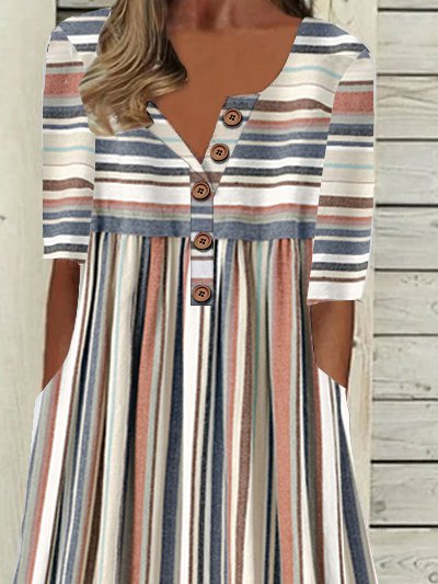 V Neck Stripe Geometric Casual Midi Dress