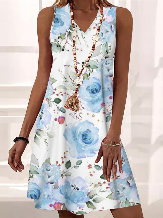 Vacation Floral V Neck Knitted Dress