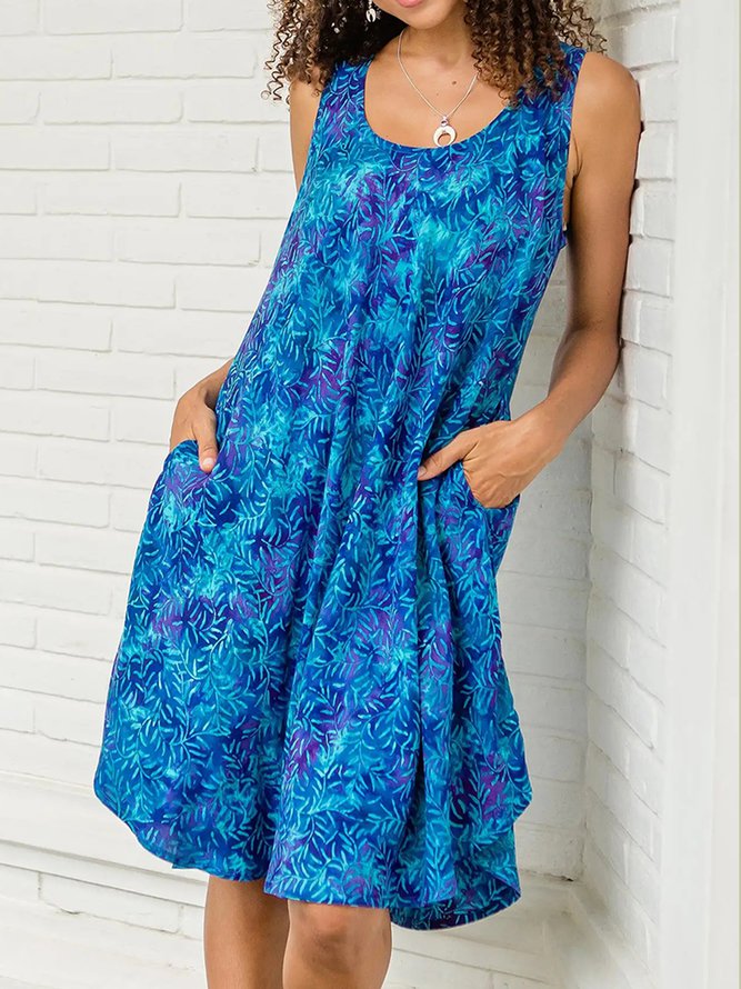 Round Neck Pockets Leaves Casual Mini Dress