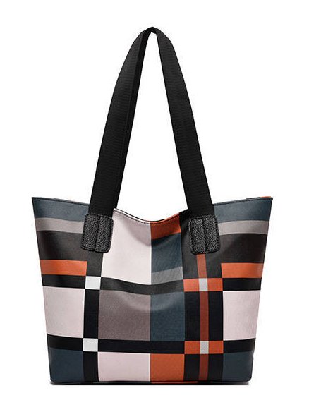 Casual Leather Contrast Check Tote Shoulder Bag Daily Urban