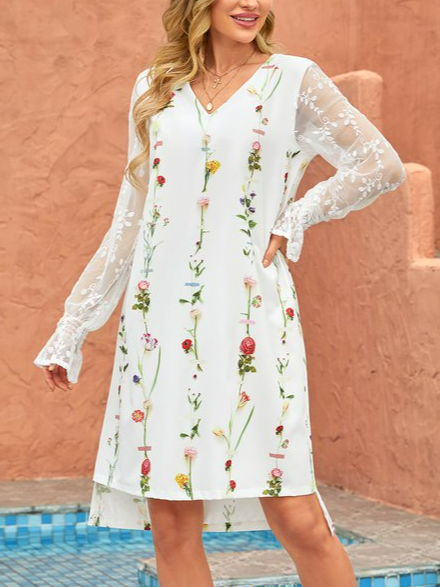 V Neck Floral Cotton Blends Long sleeve women Prom Dress