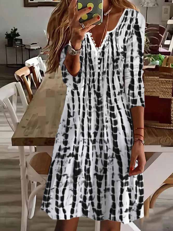 V Neck Geometric Casual Autumn Natural Daily A-Line Dress