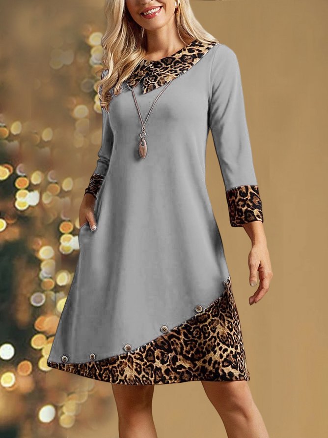 Christmas Urban Color Block Leopard Shawl Collar Loose Midi Dress