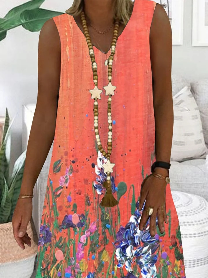 Loose Casual V Neck Floral Dress