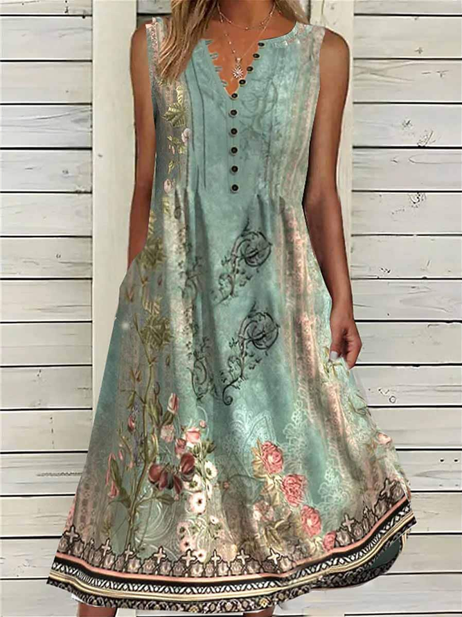 Ethnic Buttoned Boho Half Open Collar Dress