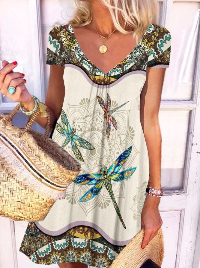 V Neck Floral Tribal Vacation Mini Dress