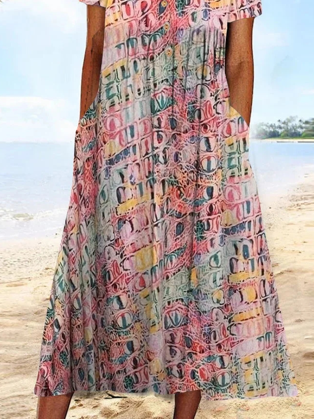 Casual Geometric Crew Neck Loose Dress