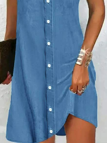 V-neck Casual Loose Denim Single-breasted Short-sleeved Short Dress