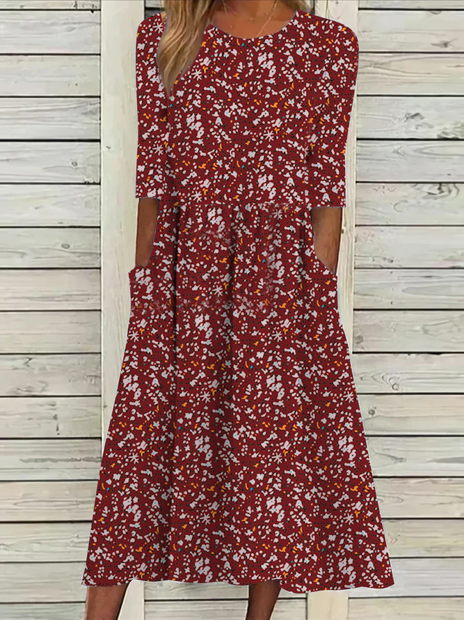 Vacation Loose Floral Crew Neck Dress