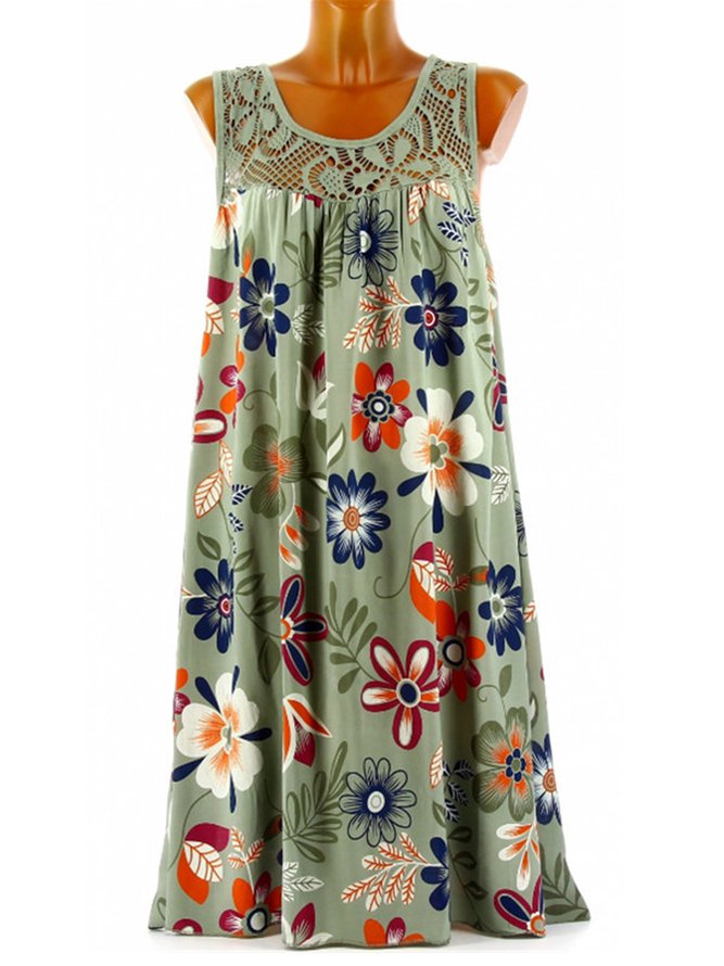 Summer Floral Casual Holiday Crew Neck Sleeveless Paneled Printed Dress