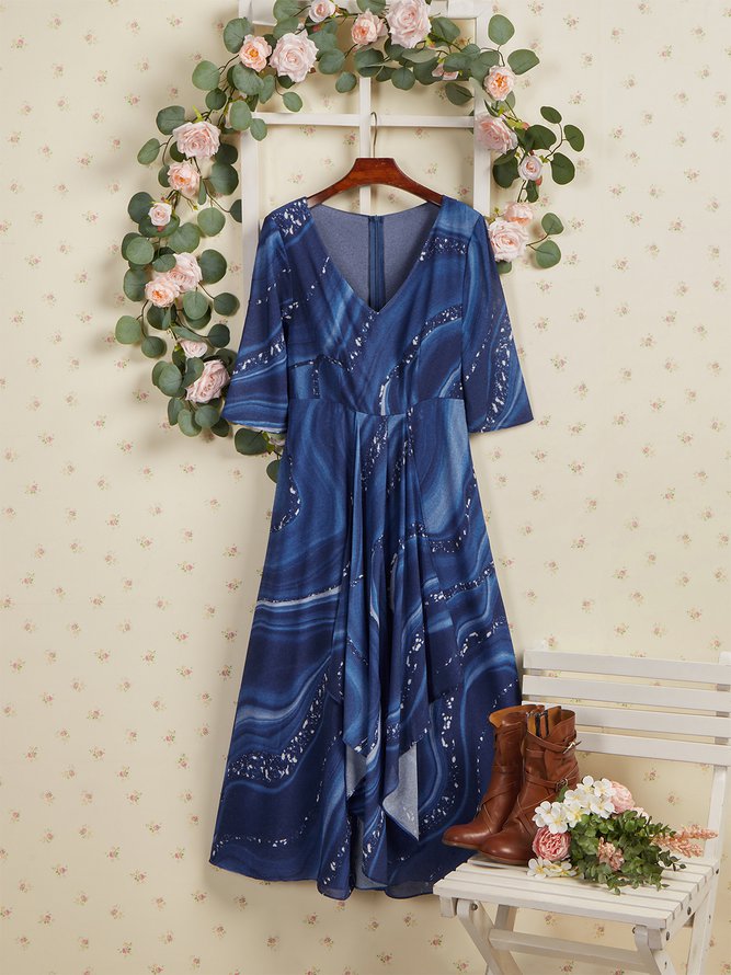 V Neck Casual Asymmetric Geometric Ombre Midi Prom Dress