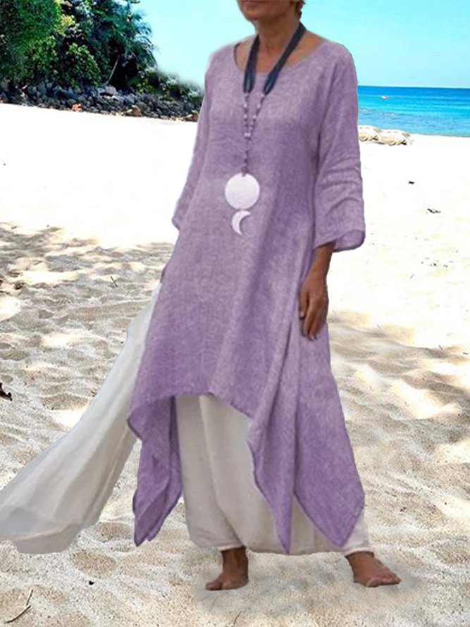 Women Summer Linen 3/4 Sleeve Daytime Crew Neck Asymmetric Dress