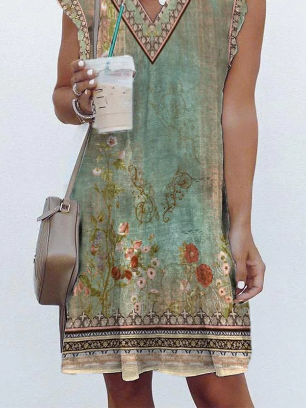 Ethnic V Neck Boho Loose Summer Dress
