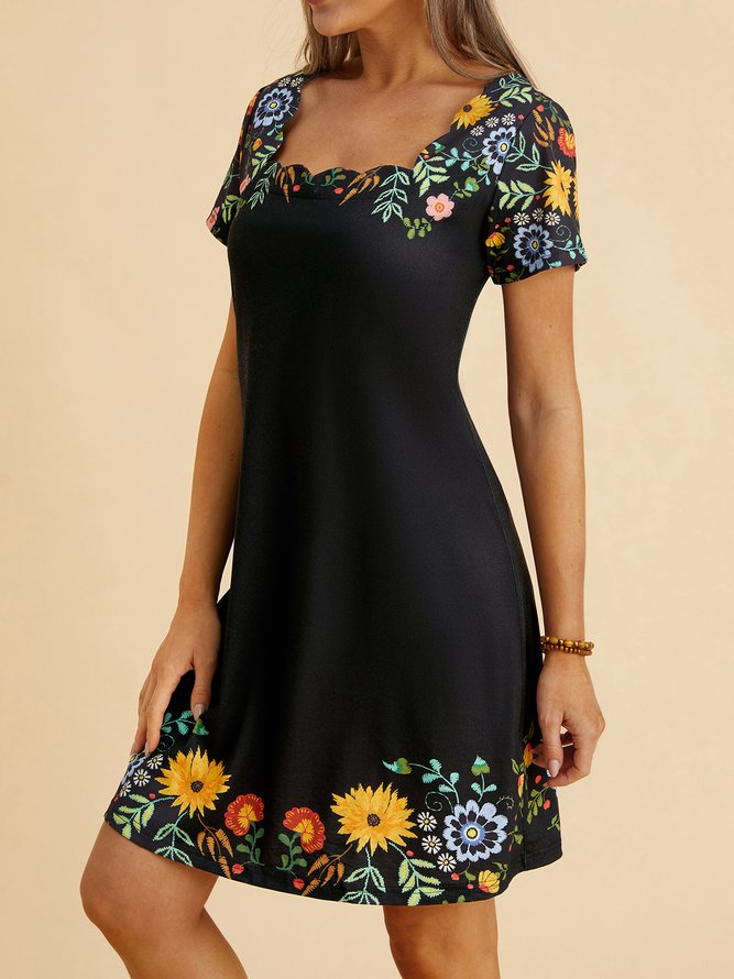 Holiday flower collar a-hem loose Satin Dress