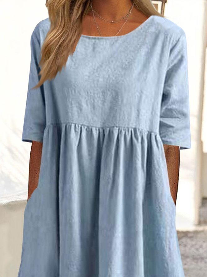 Crew Neck Plain Loose Pocket Long Midi Dress