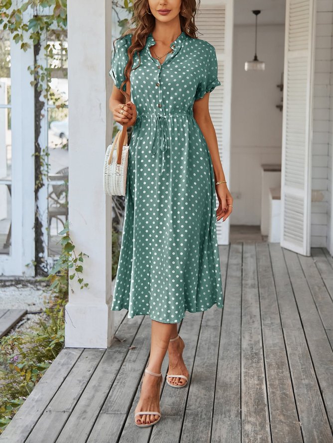 Loose Casual Stand Collar Polka Dots Dress