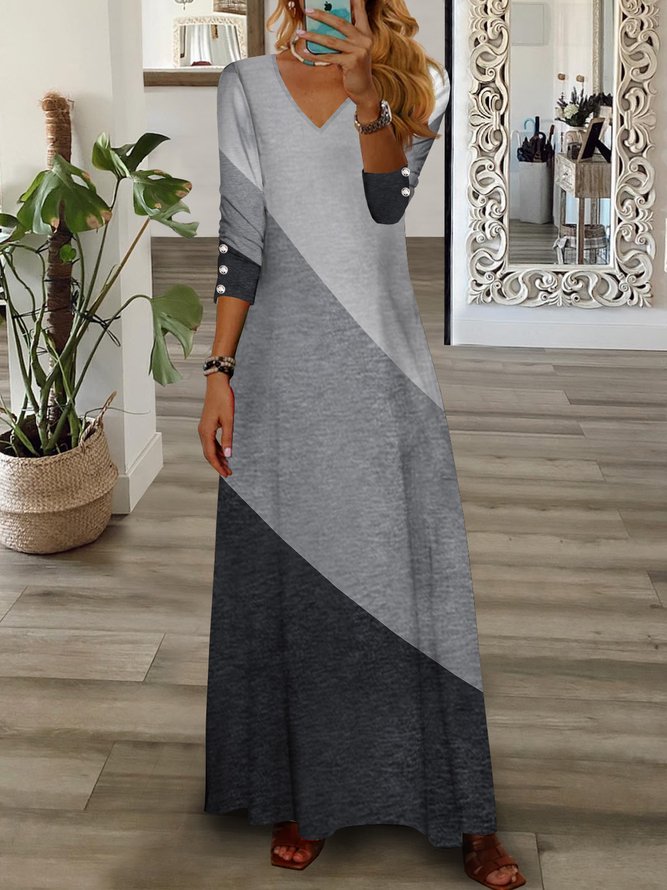 Button V Neck Long Sleeve Resort Dress