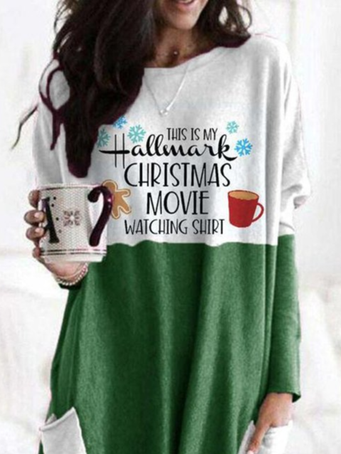 Women's Green Long Sleeve Dress Christmas Print With Pocket