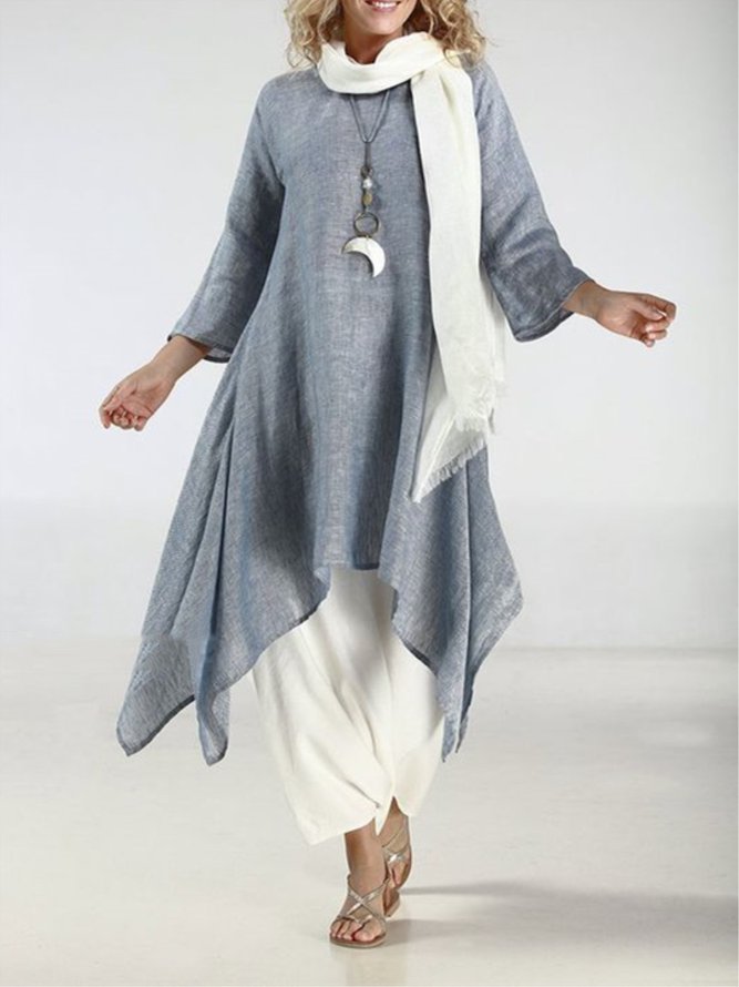 Women Summer Linen 3/4 Sleeve Daytime Crew Neck Asymmetric Dress