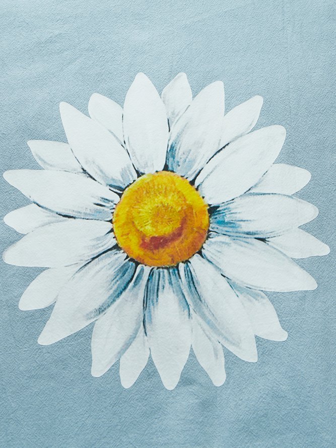 Crew Neck Linen Floral Casual Sunflower Pockets Short Sleeve Dress